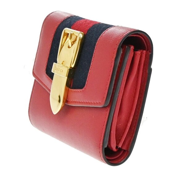 GUCCI Logo Sylvie Compact Trifold Wallet Leather Red GHW Made in Italy 37KB092 - Picture 2 of 13